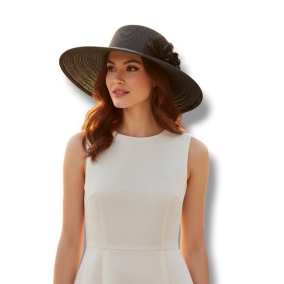 Nine West Floppy Hat Wide Brim  All Season Summer Flower Applique Black OS - Picture 13 of 16